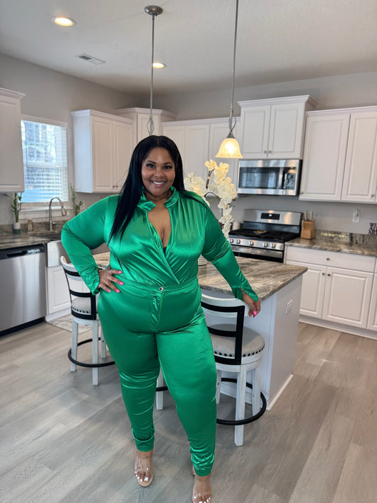 Satin Power Bodysuit Set| Green