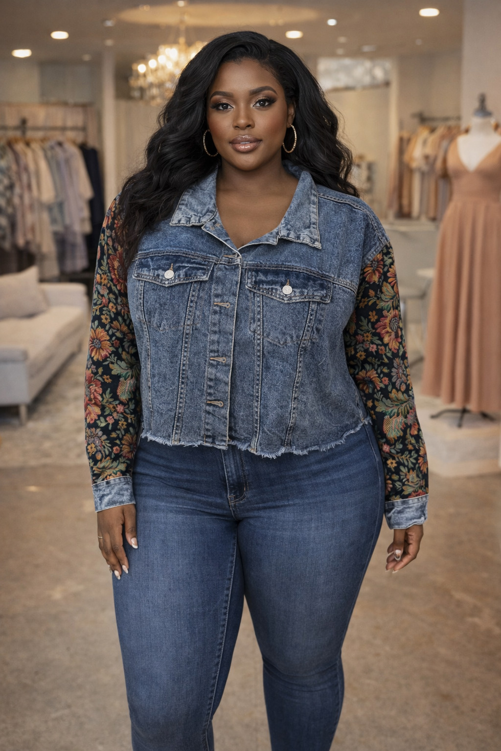 LADY DENIM FLORAL SLEEVES JACKET