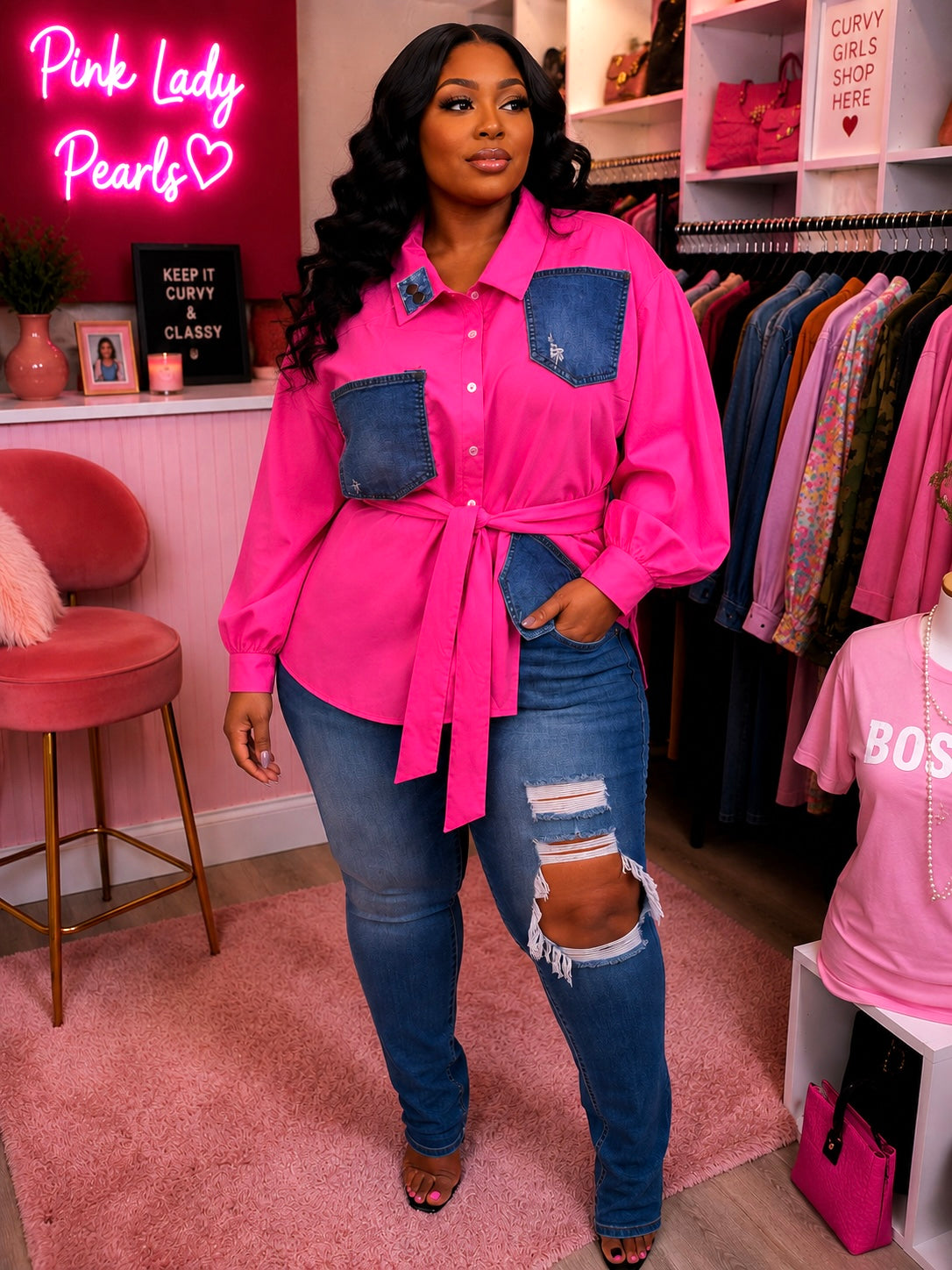 Lady Pink Denim Statement Top