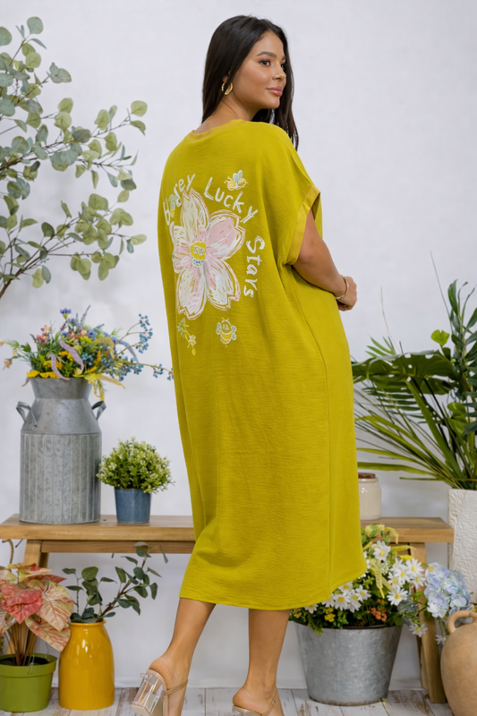 Lady Honey Star T-shirt Dress|Chartreuse