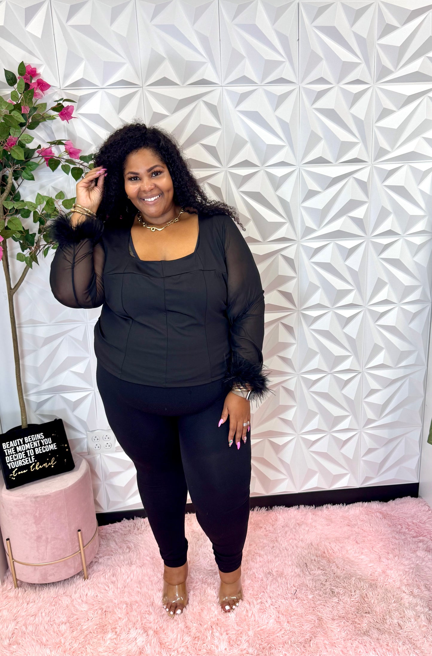 Lady Ashley Stewart Black Fur Sleeve Top
