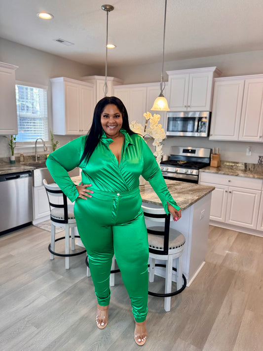Satin Power Bodysuit Set| Green
