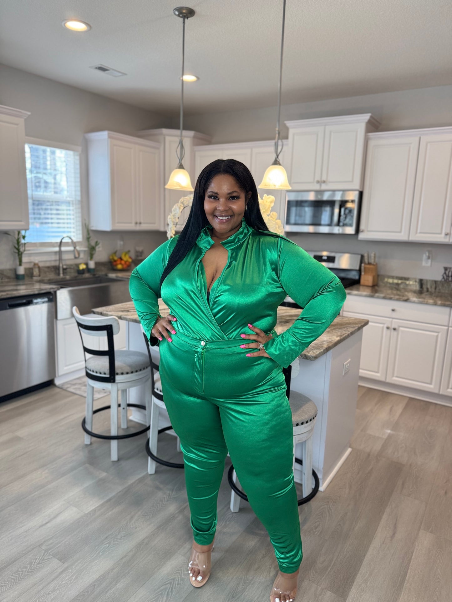 Satin Power Bodysuit Set| Green