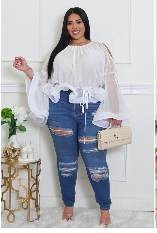 Lady Classy White Mesh Sleeve Top