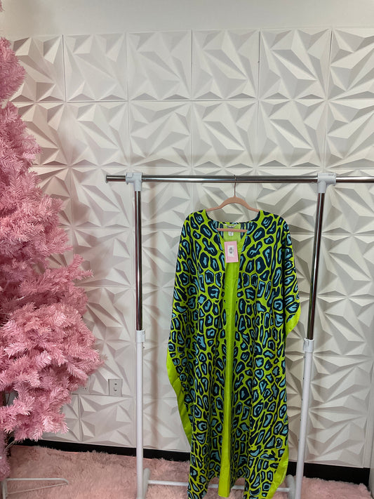10/14 LADY GREEN CHEETAH KAFTAN O/S