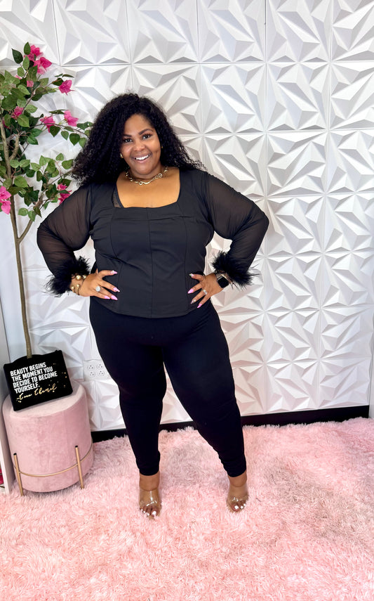 Lady Ashley Stewart Black Fur Sleeve Top