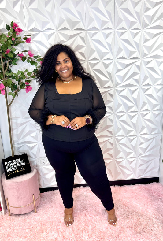 Lady Ashley Stewart Black Fur Sleeve Top